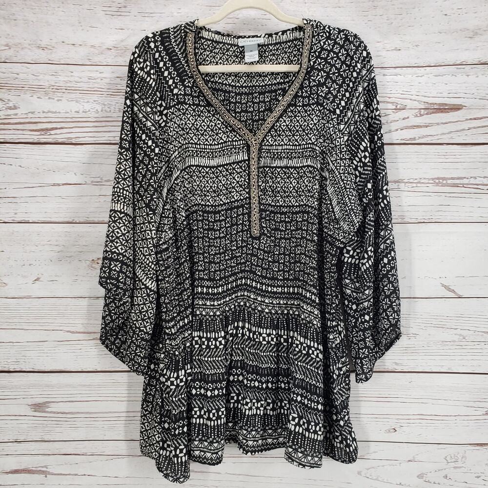 Catherines Women's Black &White Beaded Neck Mixed Print Crinkle Top Size 3X